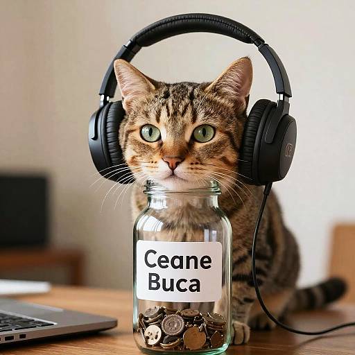 Photograph of a tabby cat with green eyes wearing black headphones over a jar labeled 