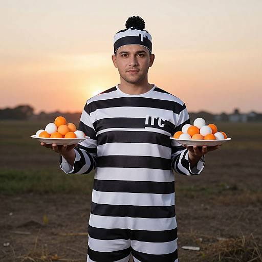 Photograph of a man in black-and-white striped prison outfit, holding two plates of orange and white eggs, against a sunset-lit field.