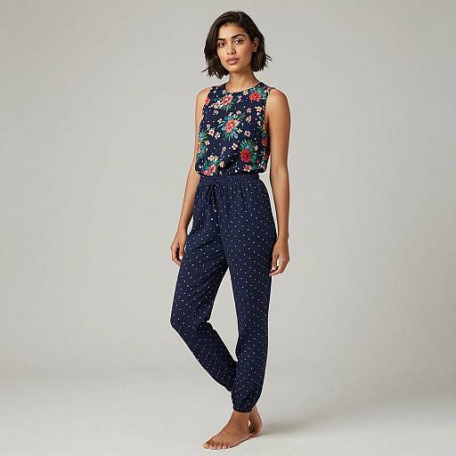 Woman in Floral Top and Navy Pants