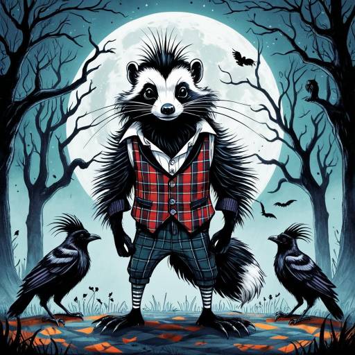 Anthropomorphic Skunk in Plaid Vest with Gothic Ravens