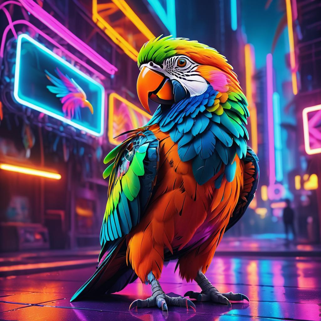 Vibrant Cyberpunk Parrot in Futuristic City