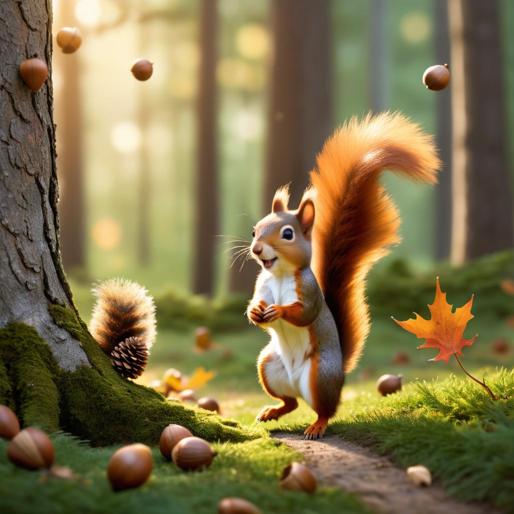 Joyful Squirrel Chasing Acorn in Forest