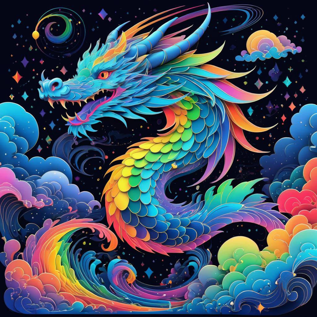 Whimsical Dragon with Rainbow Clouds