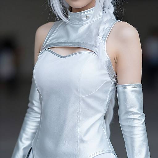 Photograph of a woman in a shiny silver latex dress with cutout chest and long gloves, white hair, blurred dark background.