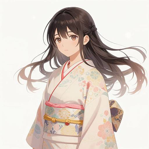Anime-style digital illustration of a young woman with long black hair, wearing a floral-patterned white and pink kimono, and a yellow obi.