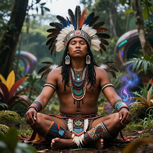 Majestic Man Meditating in Futuristic Amazon