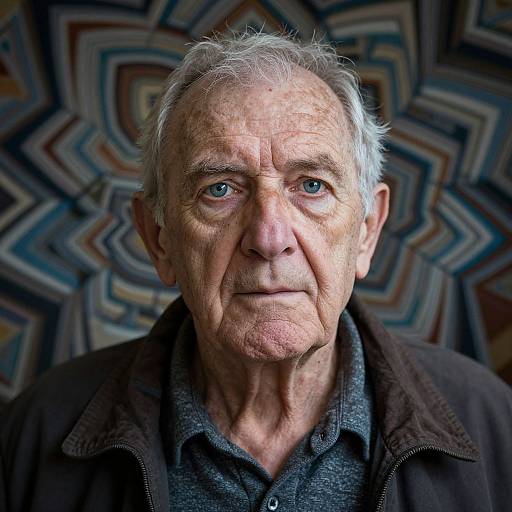 Photograph of an elderly man with wrinkled skin, gray hair, and blue eyes, wearing a dark jacket over a gray shirt, against a colorful
