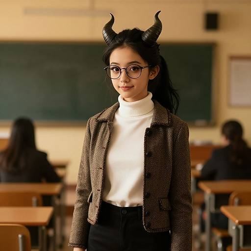 Photograph of an Asian woman with black horns, glasses, white turtleneck, brown blazer, and black pants in a classroom. Blurred