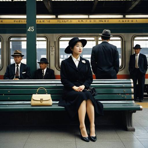 Vintage Train Station Scene with Woman in Black Dress