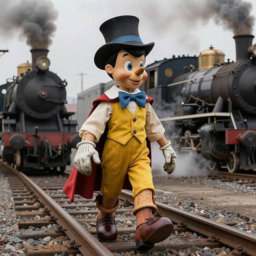Steampunk Pinocchio Walking on Train Tracks