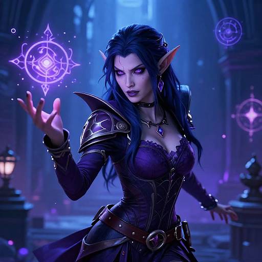 Digital artwork of a purple-eyed, dark-haired elven sorceress in ornate armor, casting a glowing magical spell in a blue-lit,