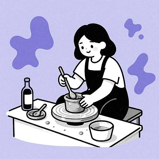 Whimsical Lithograph of Potter at Work