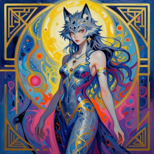 Digital painting of a fierce, silver-furred, fox-eared woman in a blue, gold-accented dress with flowing hair, glowing yellow halo