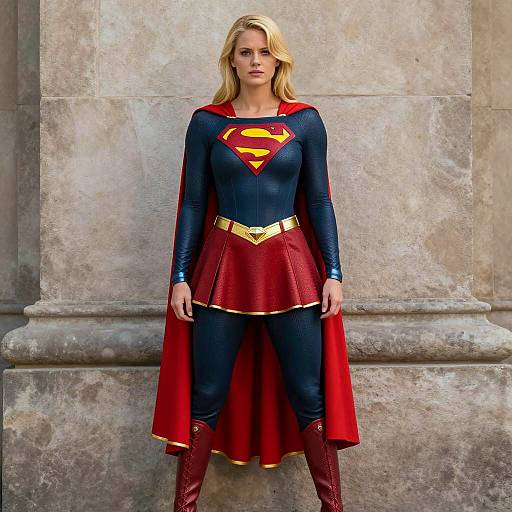 Vibrant Blonde Superhero Against Stone Wall