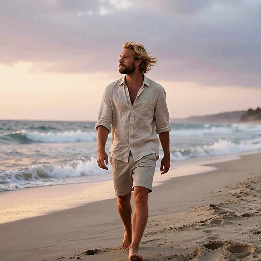 Photograph of a blonde, bearded man in a white shirt and beige shorts walking barefoot on a sandy beach at sunset.