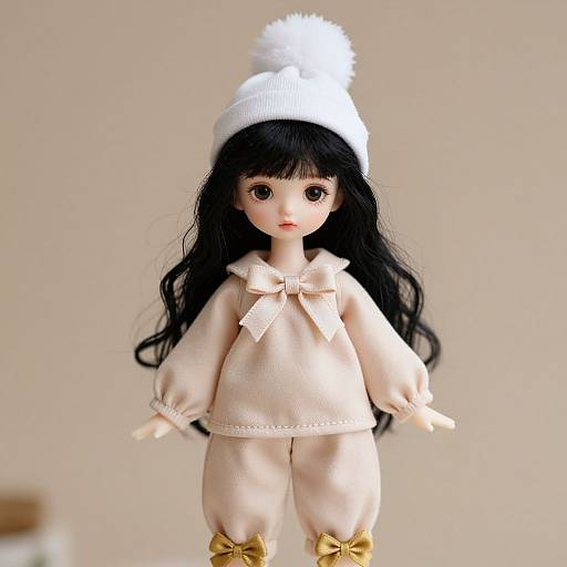 Photograph of a porcelain doll with long black hair, wearing a white pom-pom hat, beige outfit, and gold bows on legs.