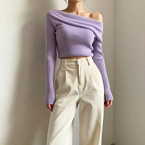 Photograph of a woman with light skin wearing a lavender off-shoulder sweater and high-waisted white pants, standing against a white wall.