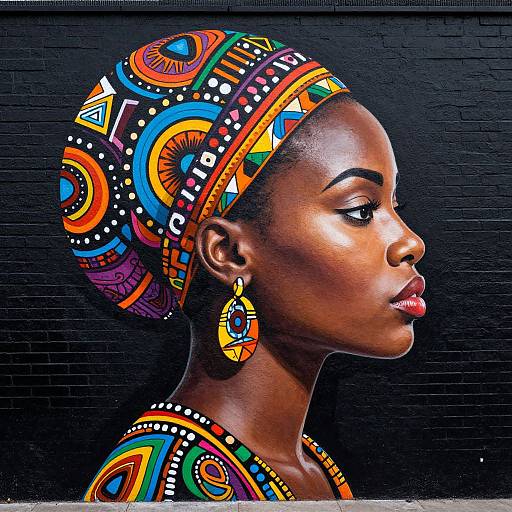 Photograph of a dark-skinned woman in profile wearing vibrant, colorful traditional African headwrap and earrings, black brick background.