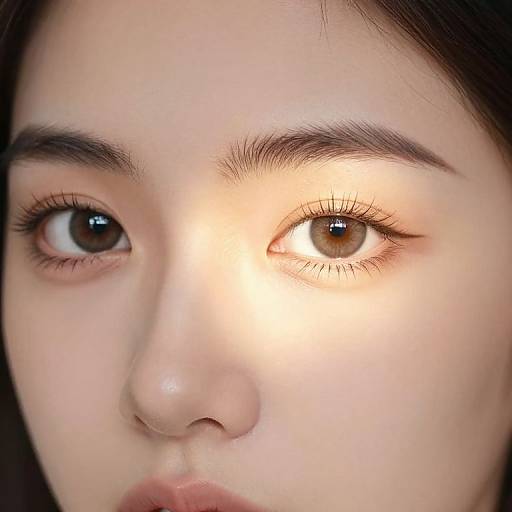 Close-up photograph of an Asian woman's face, focusing on her large brown eyes, subtle eyebrows, and smooth, pale skin.