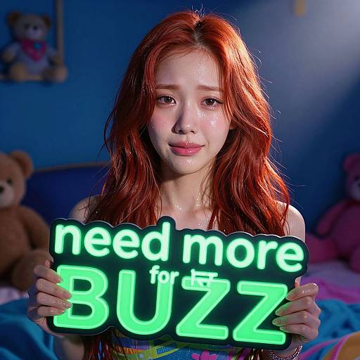 Photograph of a young Asian woman with long red hair holding a neon green sign reading 
