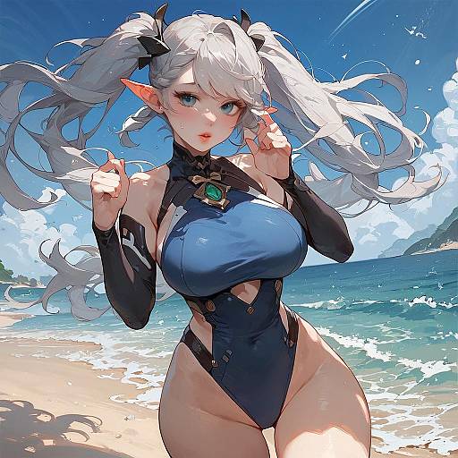 Anime Girl in Blue Swimsuit on Beach