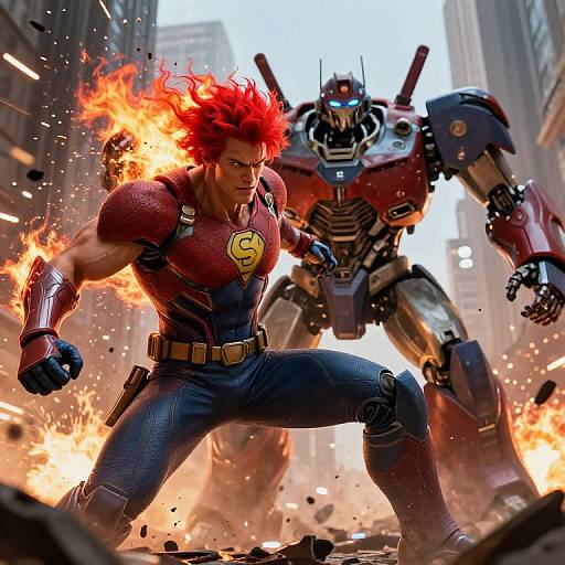 Fiery Red-Haired Superhero vs Giant Robot