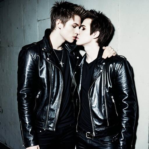 Two young men in black leather jackets sharing an intimate moment