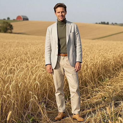 Photograph of a handsome man with short dark hair, wearing a white blazer, gray turtleneck, beige pants, and brown shoes, standing