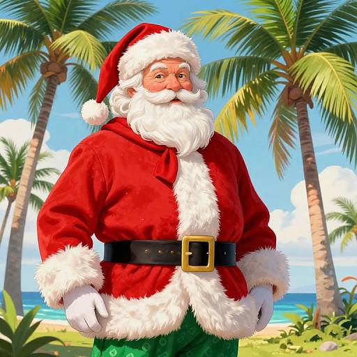 Santa Claus in a red velvet suit with white fur trim, black belt, and green pants, standing in front of palm trees and a blue ocean backdrop