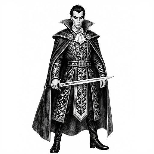 Black-and-white digital drawing of a tall, dark-haired male vampire in ornate, medieval-style cloak and armor, holding a sword, standing confidently.