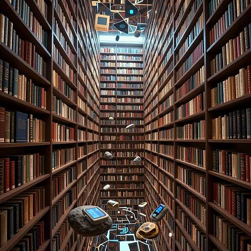 Photograph of a towering, narrow library with dark wooden shelves filled with multicolored books, illuminated by overhead lights and scattered futuristic devices on the floor