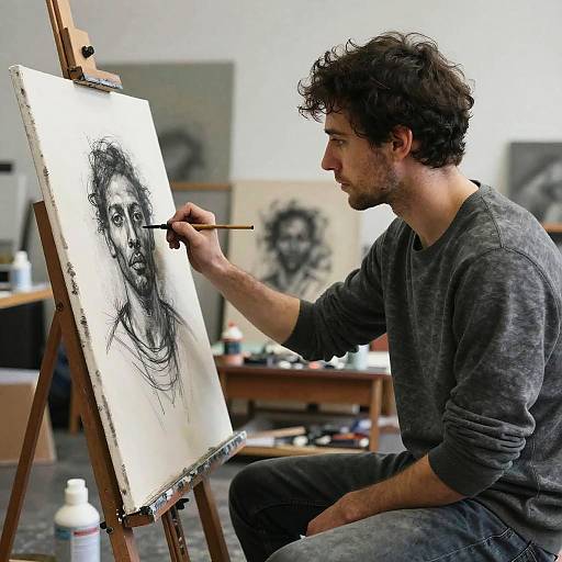 Artist Painting Charcoal Portrait in Studio