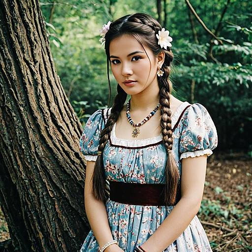 Young Woman in Floral Dress with Twin Braids in Forest