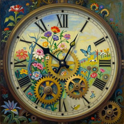 Whimsical clock painting with vibrant flowers, colorful butterflies, and gold gears on a blue, yellow, and green background. Roman numerals, detailed
