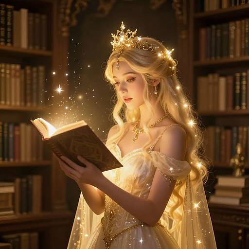 Digital artwork of a blonde fairy woman with a golden crown, glowing dress, and ethereal lights, reading a magical book in a dimly lit,