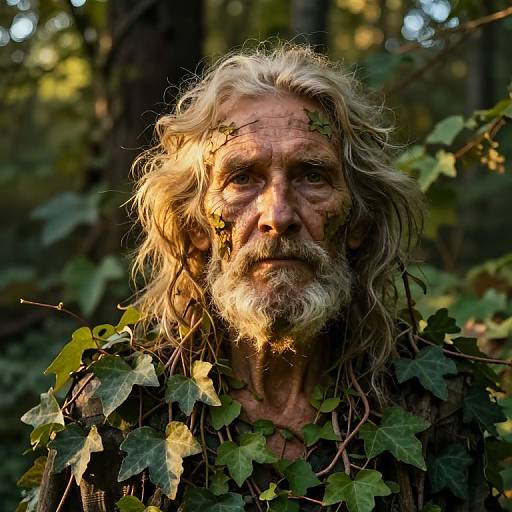 Photograph of an elderly man with long, wild gray hair, bearded face, and leafy vines in his hair and clothes, standing in a