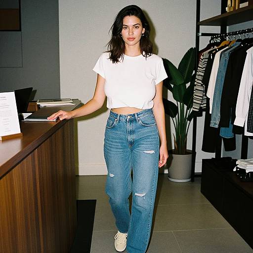 Photograph of a young woman with wavy dark hair, wearing a white crop top and high-waisted, ripped blue jeans, standing in a