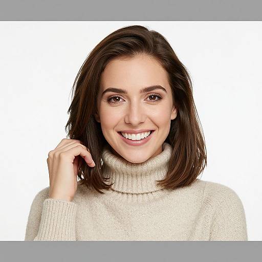 Photograph of a smiling young woman with fair skin, brown shoulder-length hair, and brown eyes, wearing a white turtleneck sweater, against a
