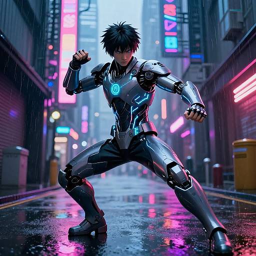 CGI anime-style image of a cybernetic warrior in a neon-lit, rainy city alley, striking a powerful stance with glowing blue accents.