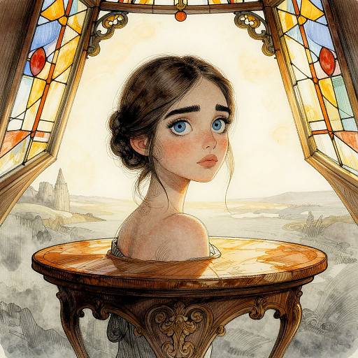 Digital drawing of a young woman with blue eyes, freckles, and dark hair in a bun, seated at a wooden table with ornate car