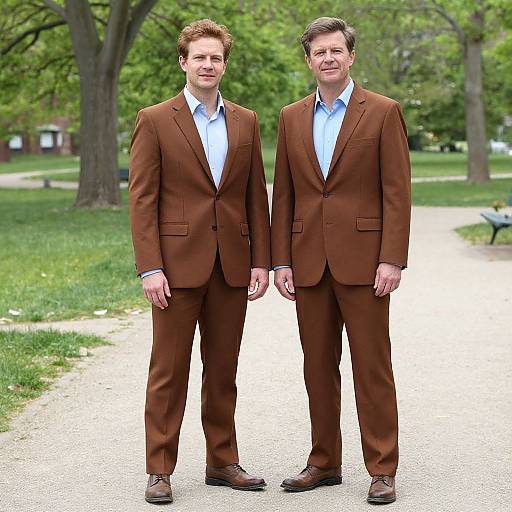 Photograph of two tall, middle-aged white men with short brown hair, wearing matching brown suits, light blue shirts, standing on a park path with