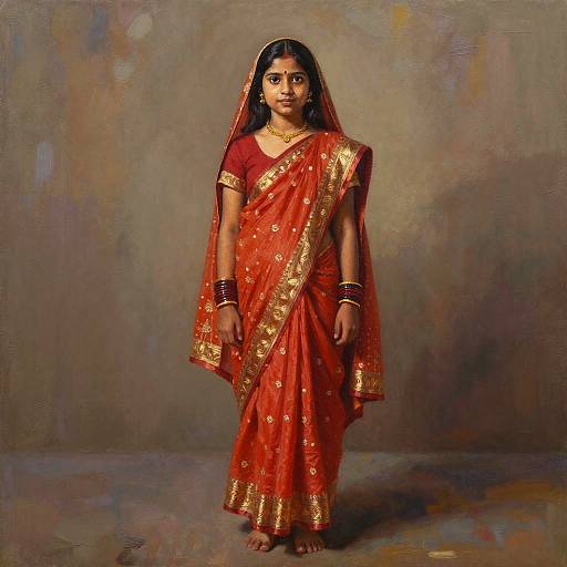 Photograph of a young Indian girl in a red and gold traditional saree, standing against a textured, multicolored background. She wears a red