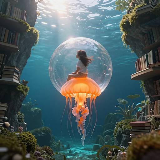 Digital art: A girl with long brown hair in a white shirt sits inside a glass sphere, surrounded by underwater jellyfish, between moss-covered booksh