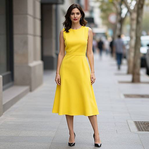 Woman in Yellow Dress on Sidewalk
