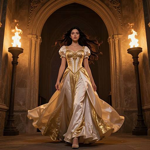 Photograph of a dark-haired woman in a gold and white satin ball gown, standing in a dimly lit, arched stone hallway with flaming torch