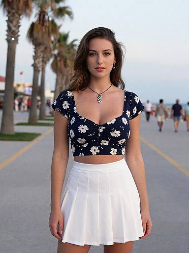 Photograph of a young woman with light skin, brown hair, wearing a navy floral crop top and white pleated skirt, standing on a palm-lined
