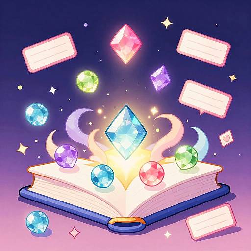 Digital illustration of an open book emitting colorful, glowing crystals, gemstones, and floating white tags against a gradient purple background.