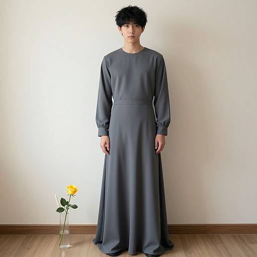 Photograph of an Asian woman with short, messy black hair, wearing a long, grey, long-sleeved dress, standing against a plain white