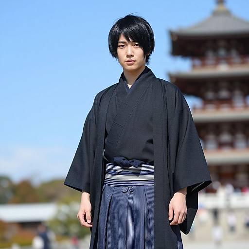 Photograph of a young Asian man with short black hair, wearing a black kimono with a blue-striped obi, standing in front of a traditional