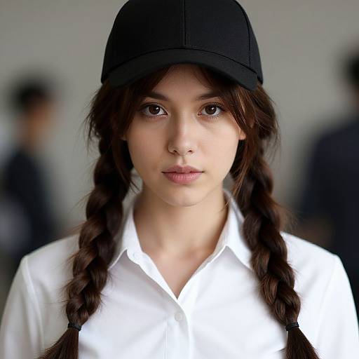 Photograph of an East Asian woman with long brown braids, wearing a black cap and white button-up shirt, with a blurred background.